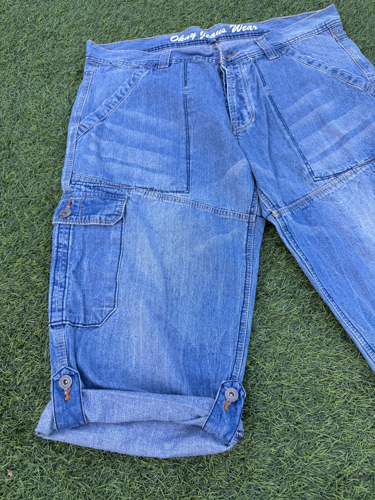 Okay Jeans Wear Mens Denim Cargo Shorts W40 Blue Long Baggy Utility