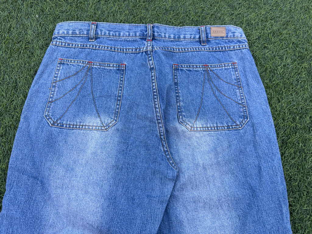 Mens W34 Baggy Denim Jorts Blue Y2K Skater Wide Leg Carpenter Shorts