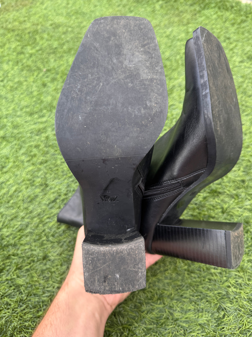 Zara Womens Black Ankle Boots UK 6 Square Toe High Block Heel Zip