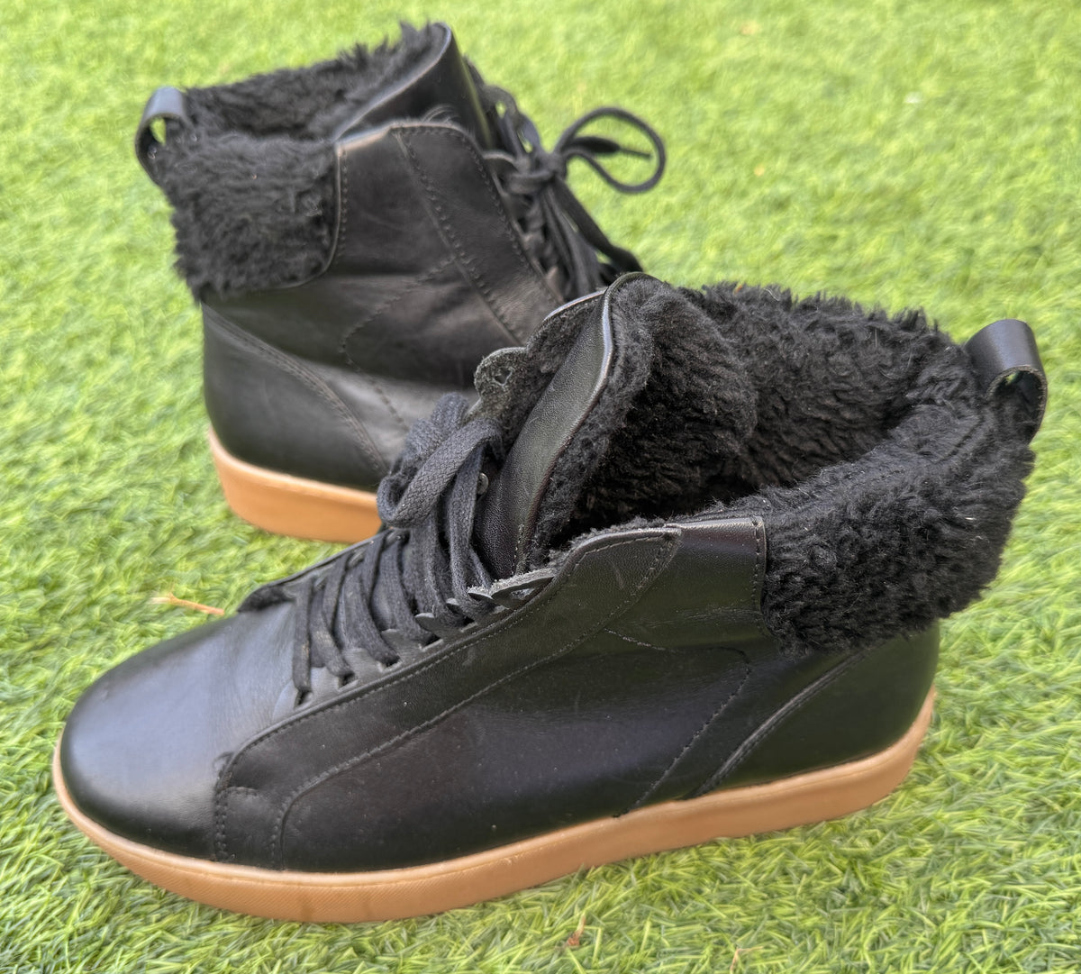 Dune London Enyas Black Leather Fur Lined High Top Trainers Shoes UK 8