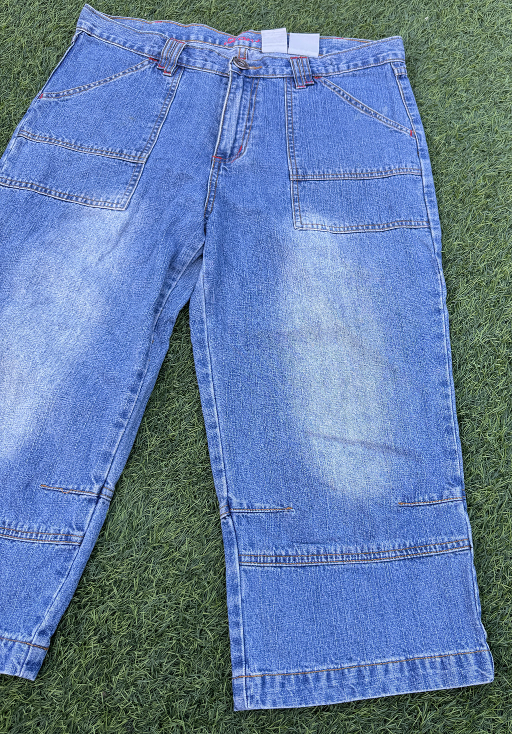 Mens W34 Baggy Denim Jorts Blue Y2K Skater Wide Leg Carpenter Shorts
