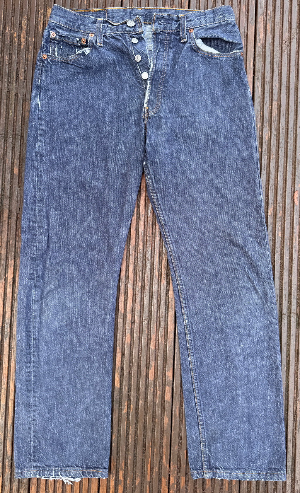 Levis 501 Mens Jeans W30 L30 Blue Denim Straight Leg Distressed Button Fly