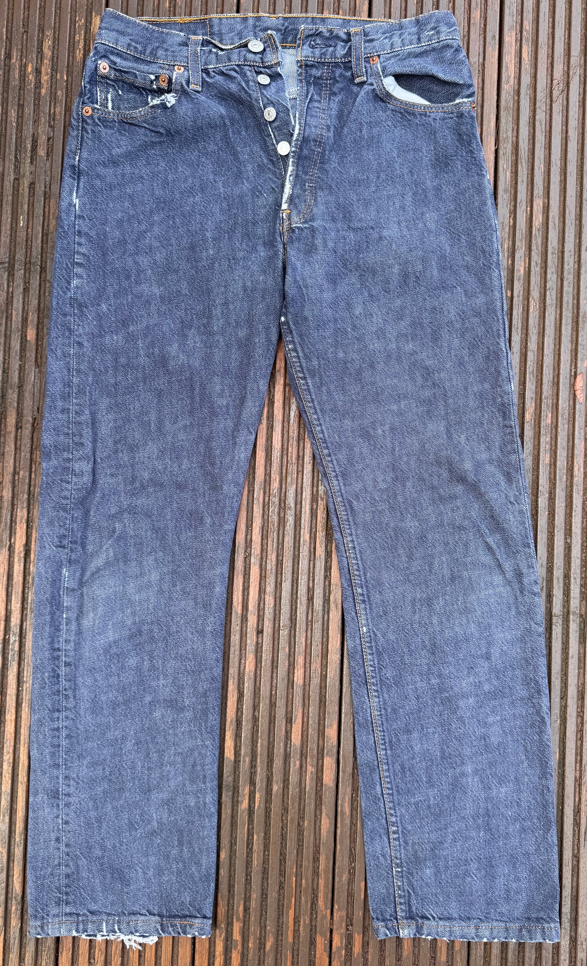 Levis 501 Mens Jeans W30 L30 Blue Denim Straight Leg Distressed Button Fly