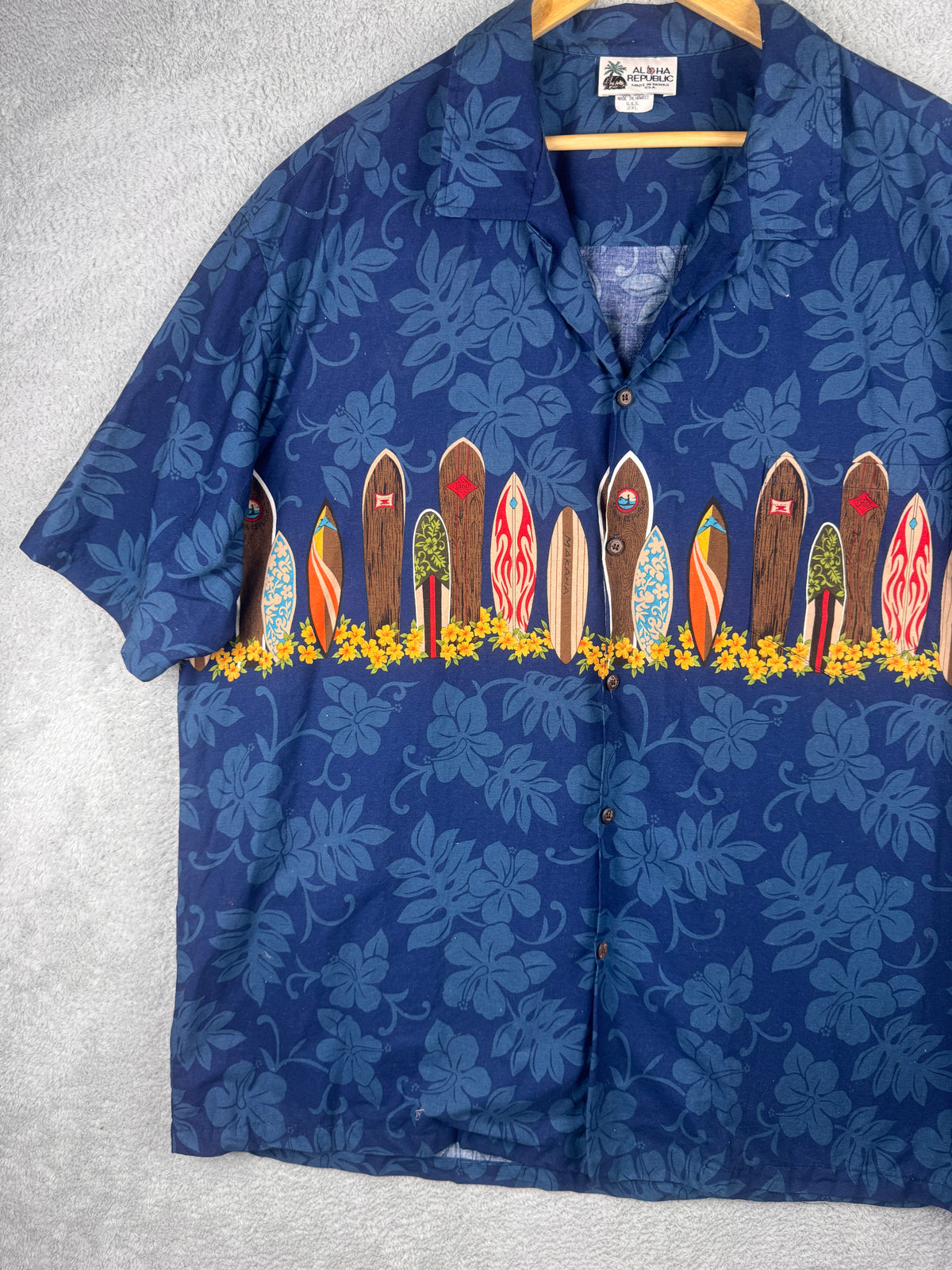 Aloha Republic Hawaiian Shirt 2XL Blue Surfboard Hibiscus Made In Hawaii USA