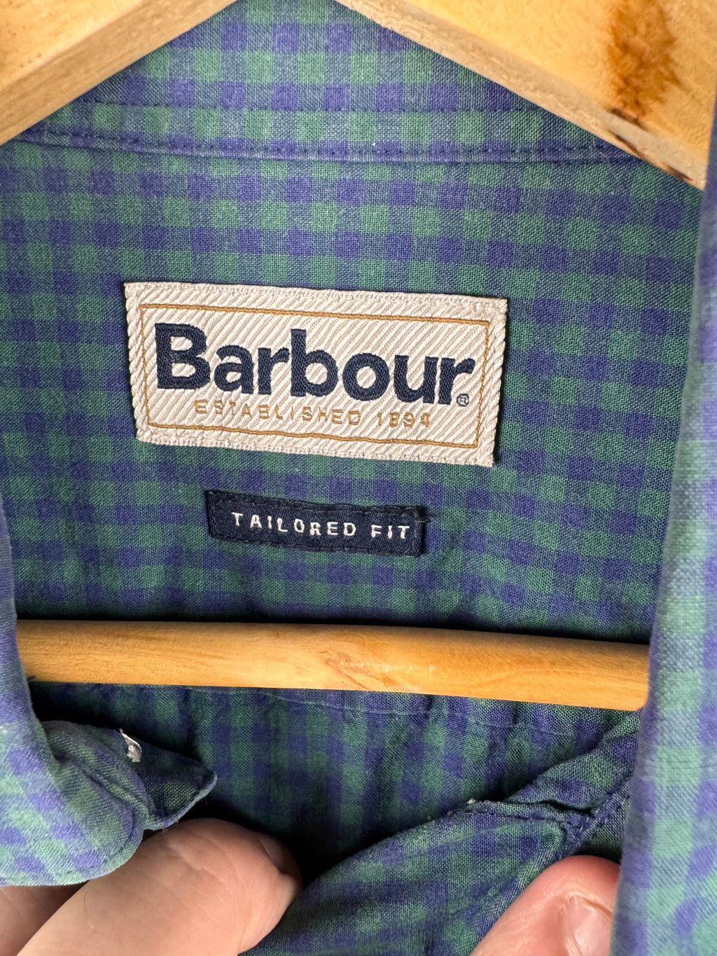 Barbour Mens Shirt Large Blue Green Gingham Check Tailored Fit