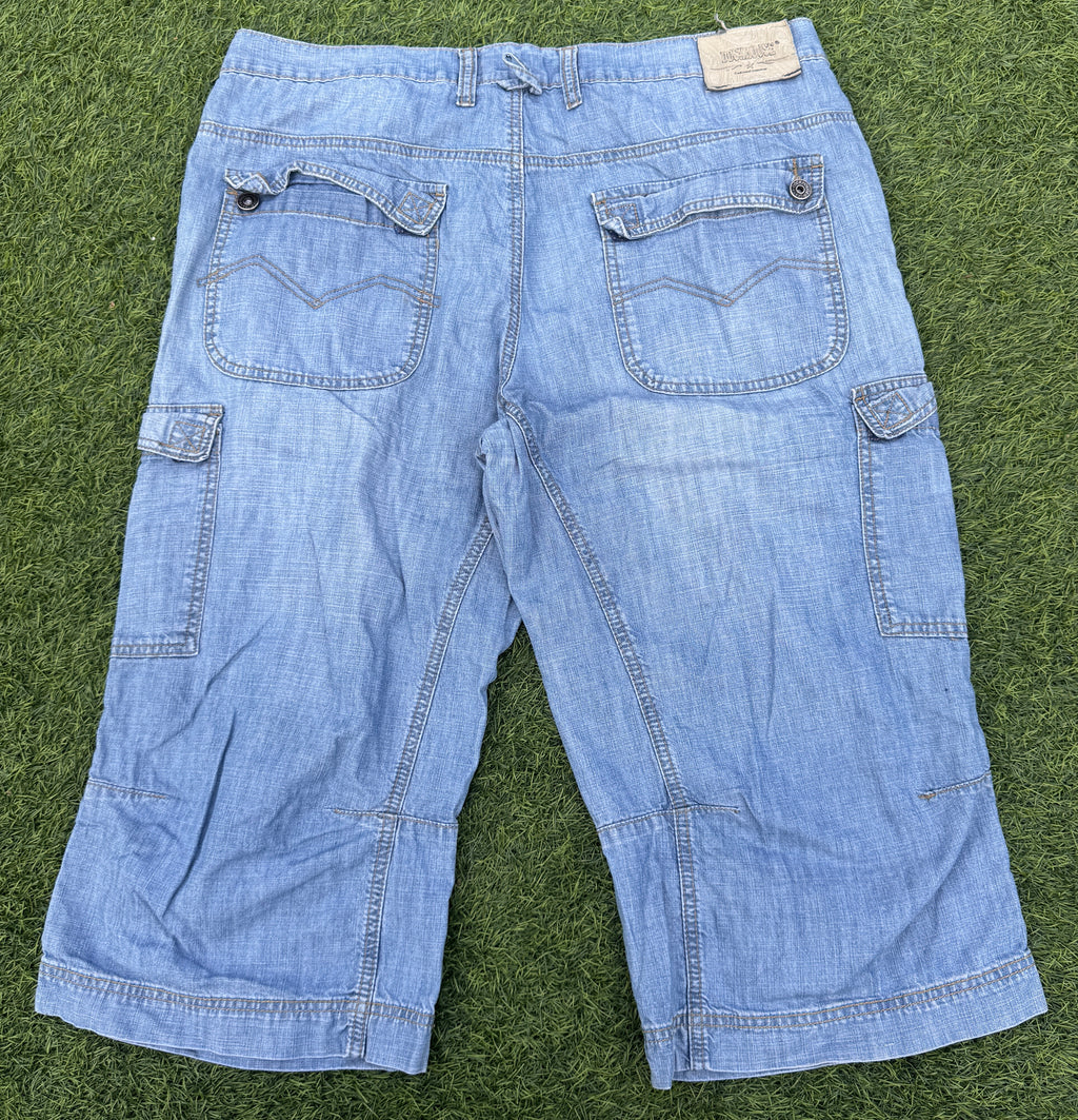 Dockhouse Mens W38 Baggy Denim Jorts Y2K Skater Cargo Long Shorts Light Blue