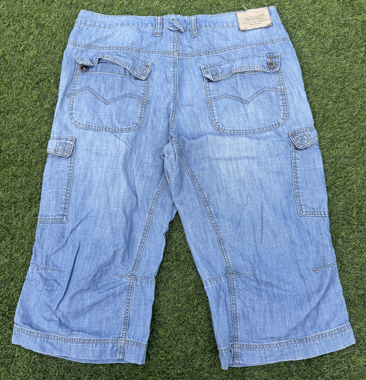 Dockhouse Mens W38 Baggy Denim Jorts Y2K Skater Cargo Long Shorts Light Blue