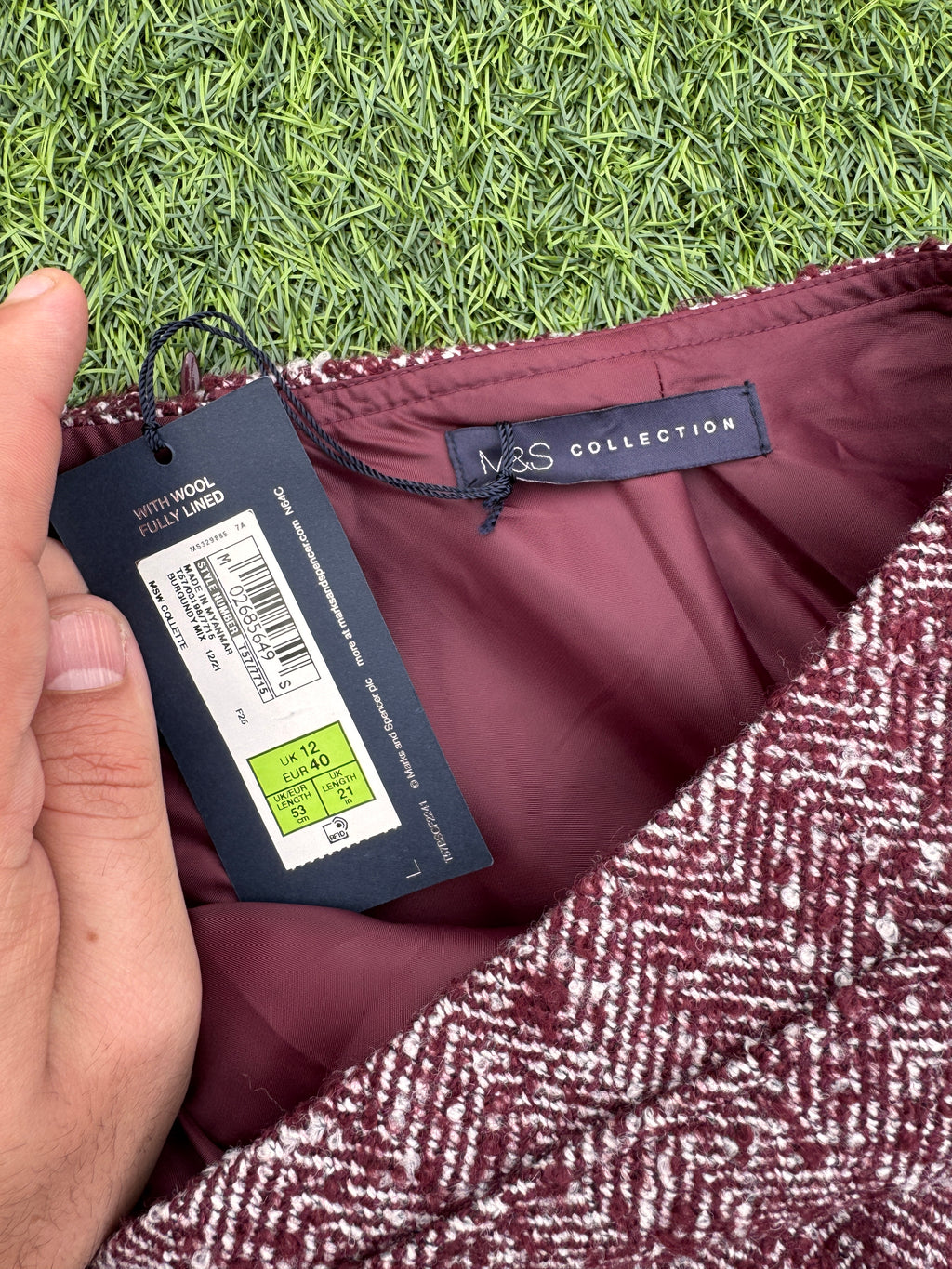 M&S Womens Skirt UK 12 Burgundy Wool Blend Herringbone Wrap Mini