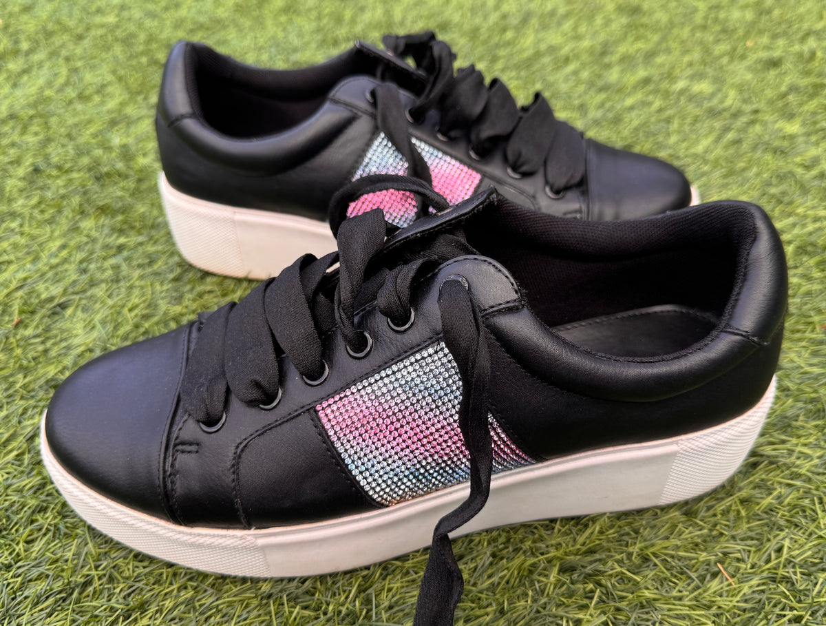 Carvela Womens Black Diamante Crystal Platform Trainers Lace Up Shoes UK 4