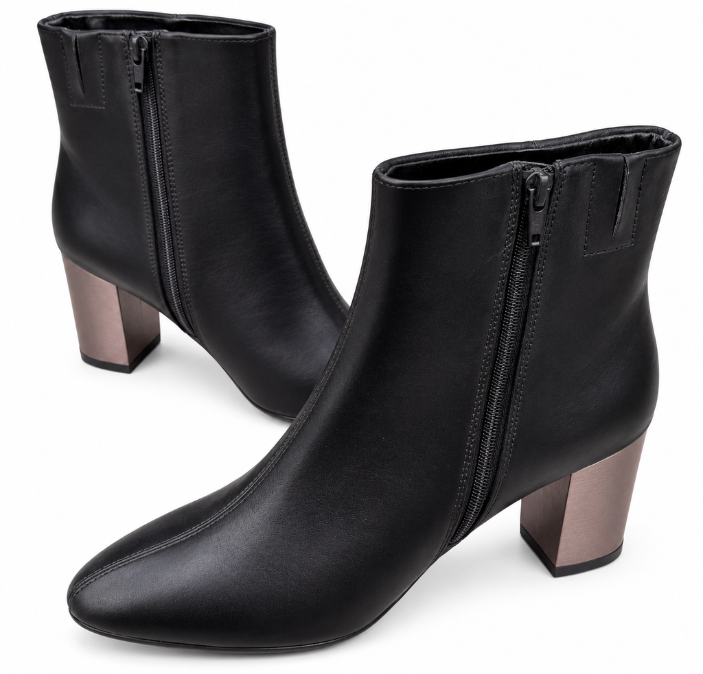 M&S Womens Ankle Boots UK 6.5 Black Metallic Block Heel Zip Insolia