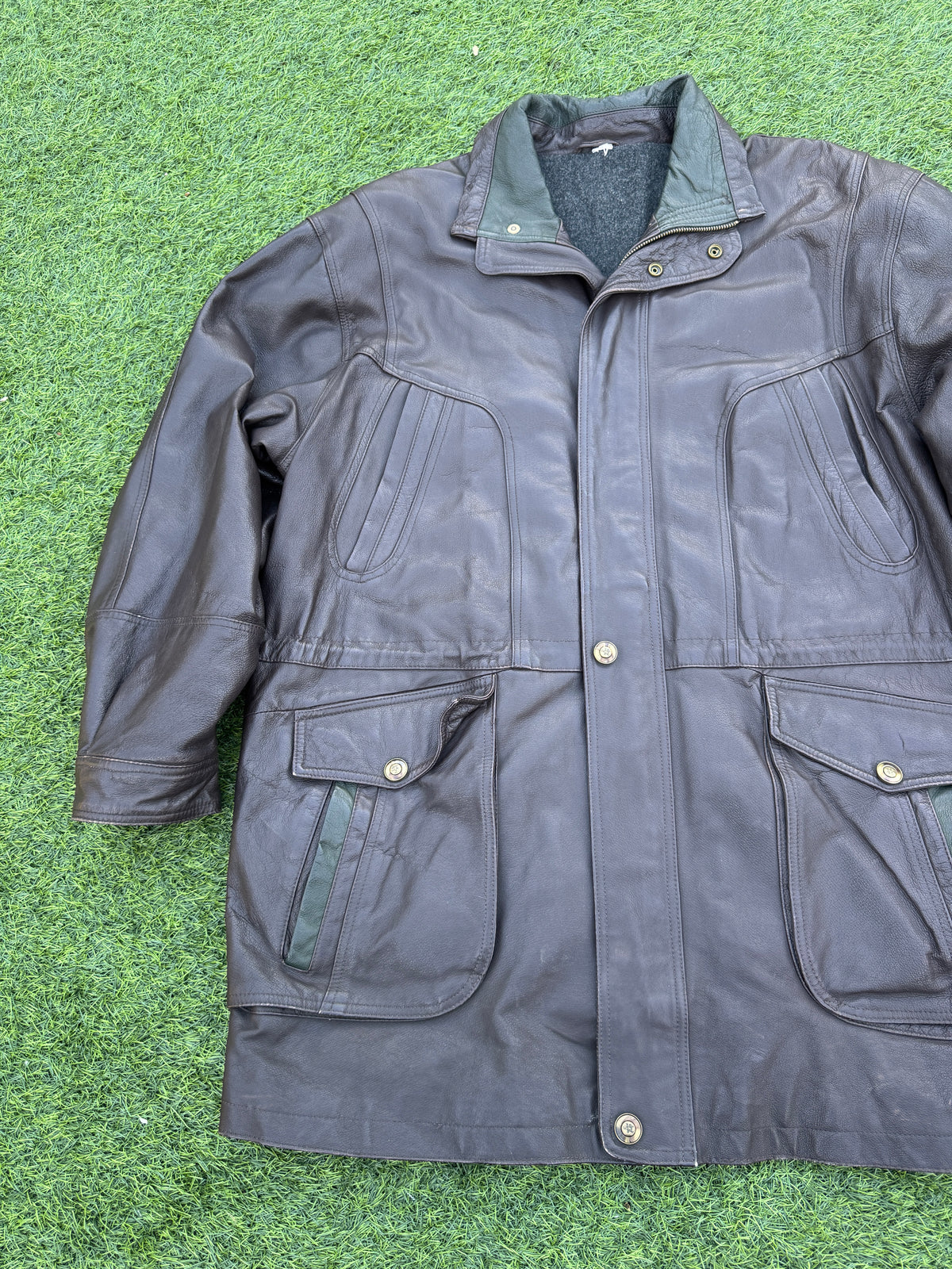 Vintage John B Classic Line Mens Brown Leather Coat Jacket Wool Lined Size XL