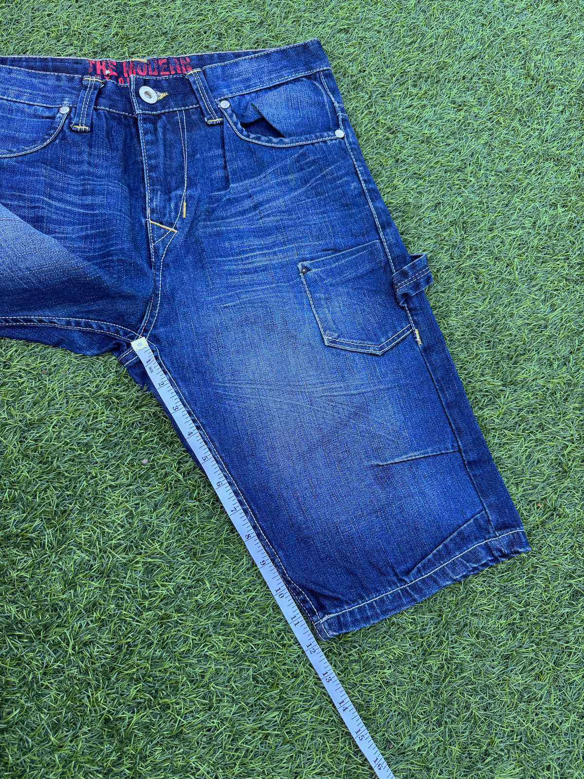 Mens Y2K Denim Cargo Shorts W 32 Blue Baggy Skater Carpenter Long 2000s