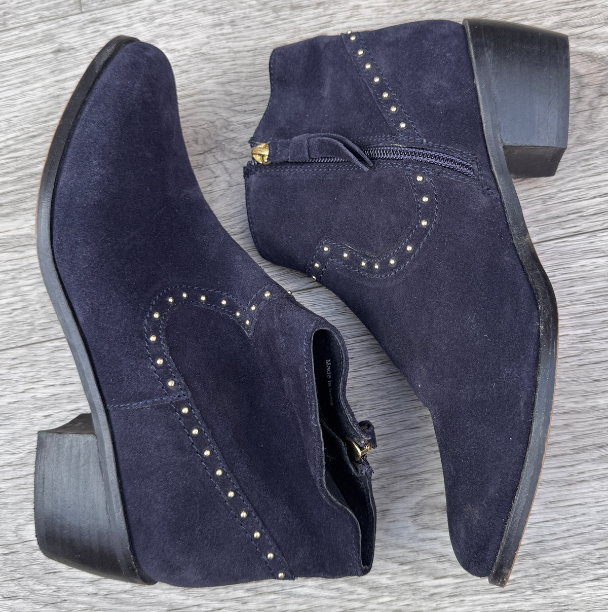 Oliver Bonas Womens Navy Suede Leather Ankle Boots Studded Western Zip UK 5