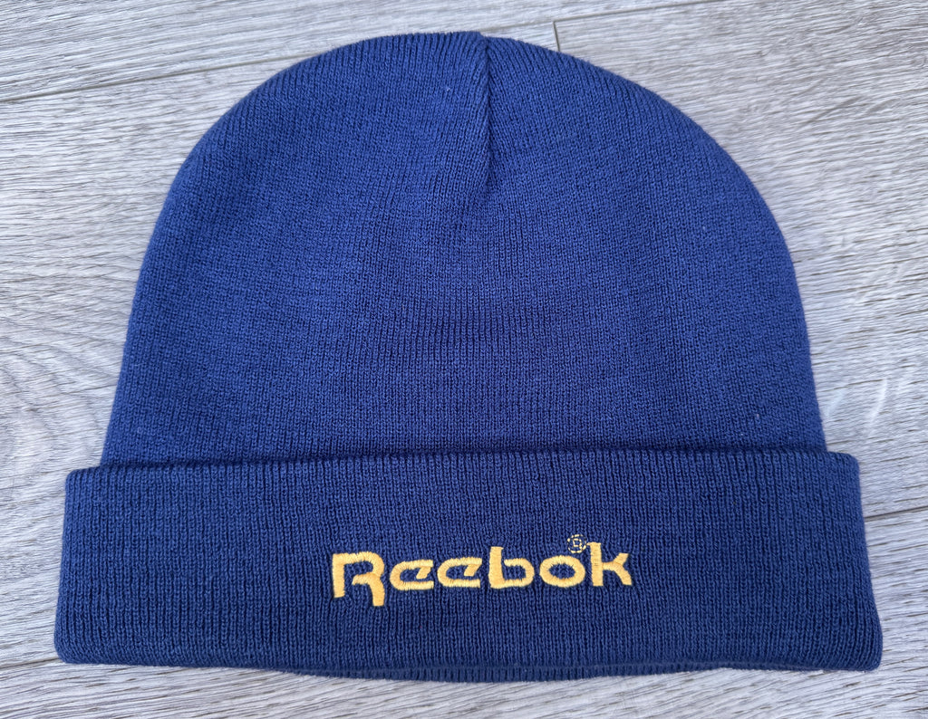 Reebok Vintage Beanie Hat Blue Yellow Embroidered Logo Cuffed