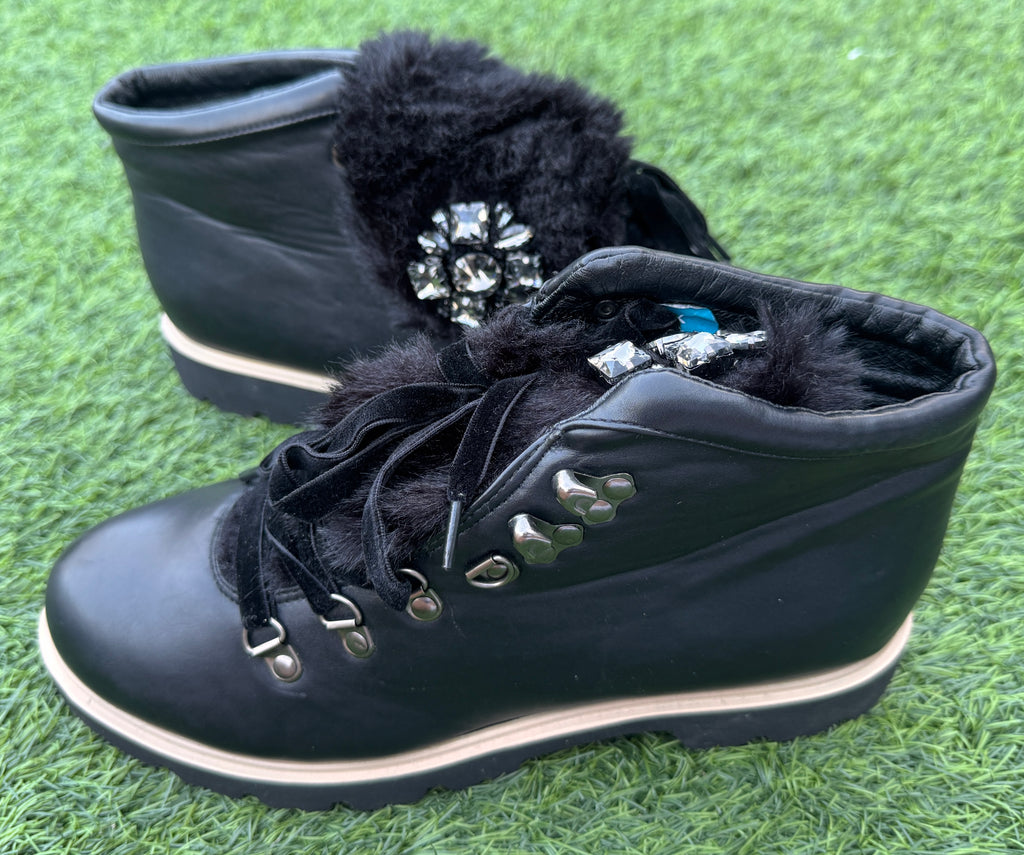 Miss Sixty Womens Black Fur Crystal Embellished Ankle Hiker Boots UK 8