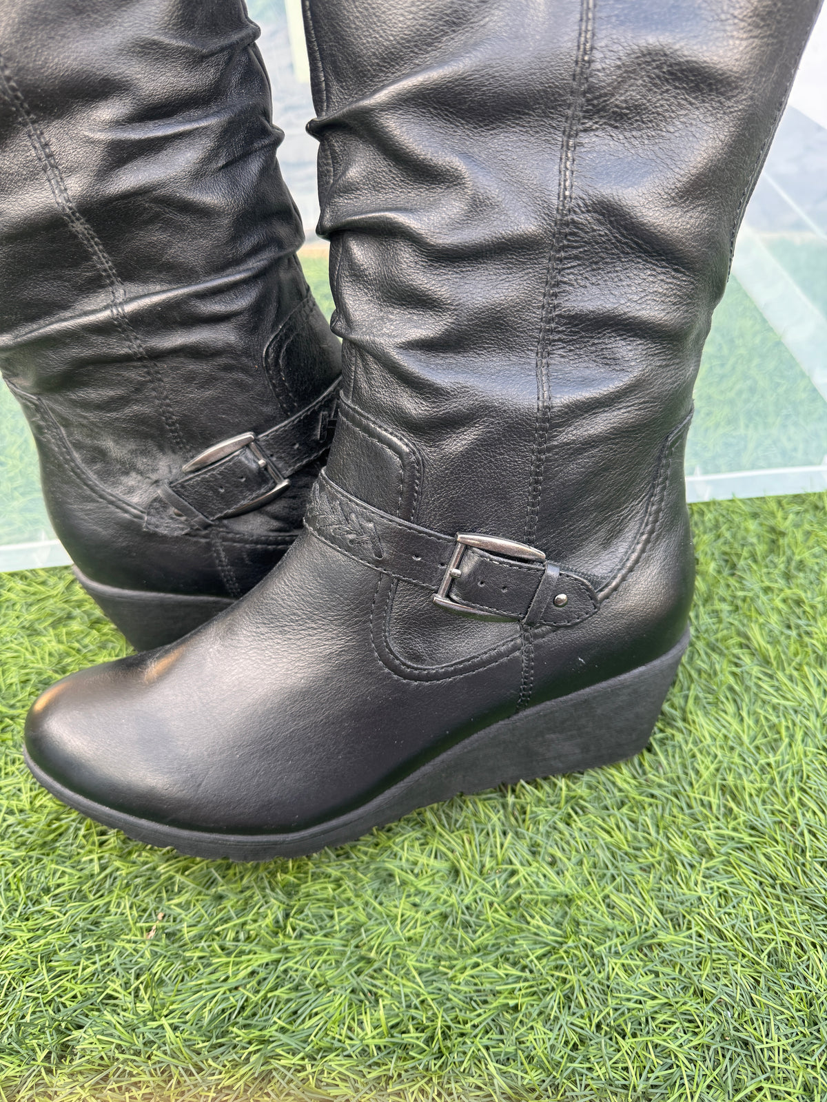 M&S Footglove Womens Black Leather Knee High Boots UK 6 Wedge Buckle