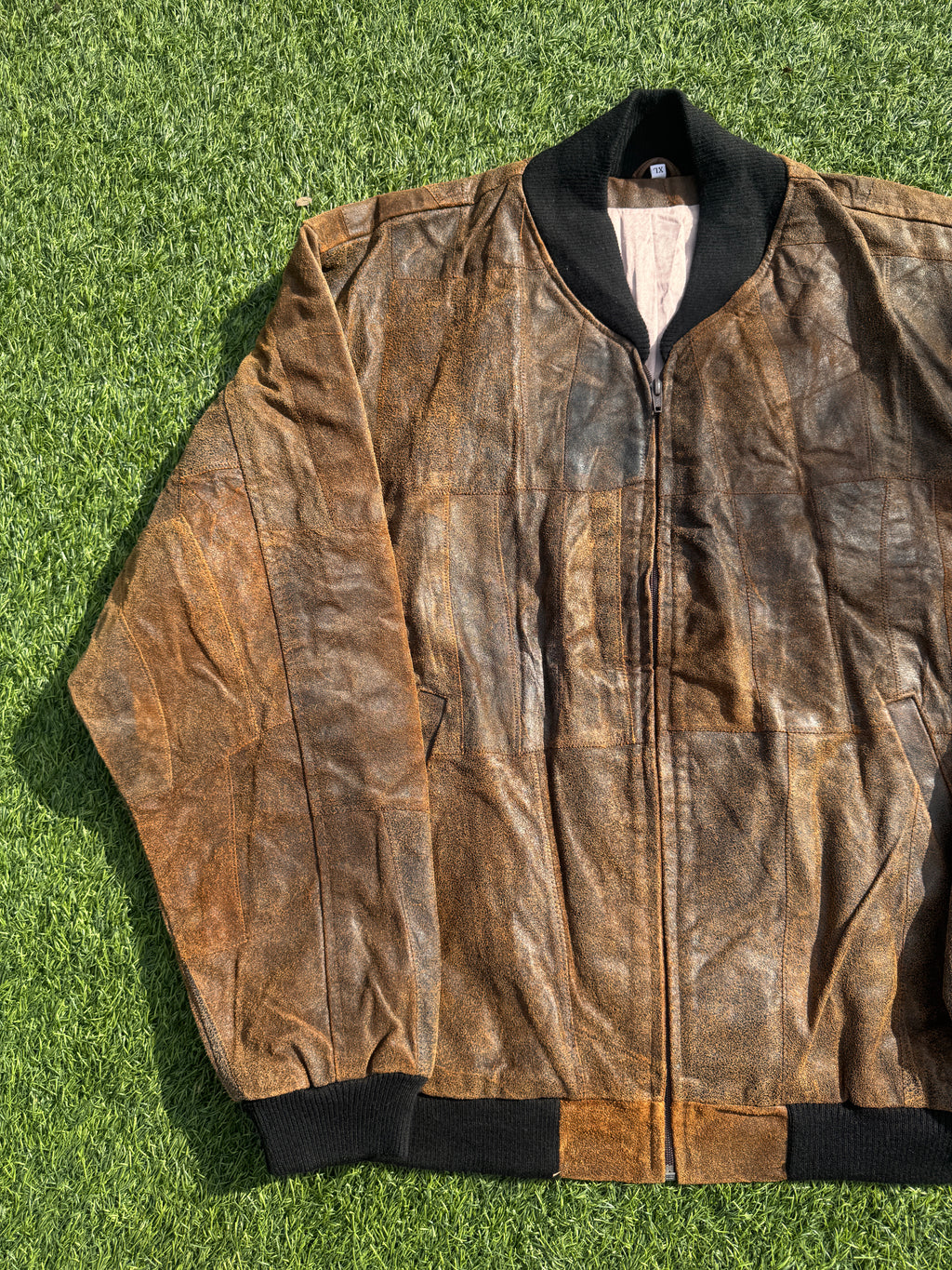 Mens XL Brown Patchwork Leather Bomber Jacket Distressed Vintage Retro