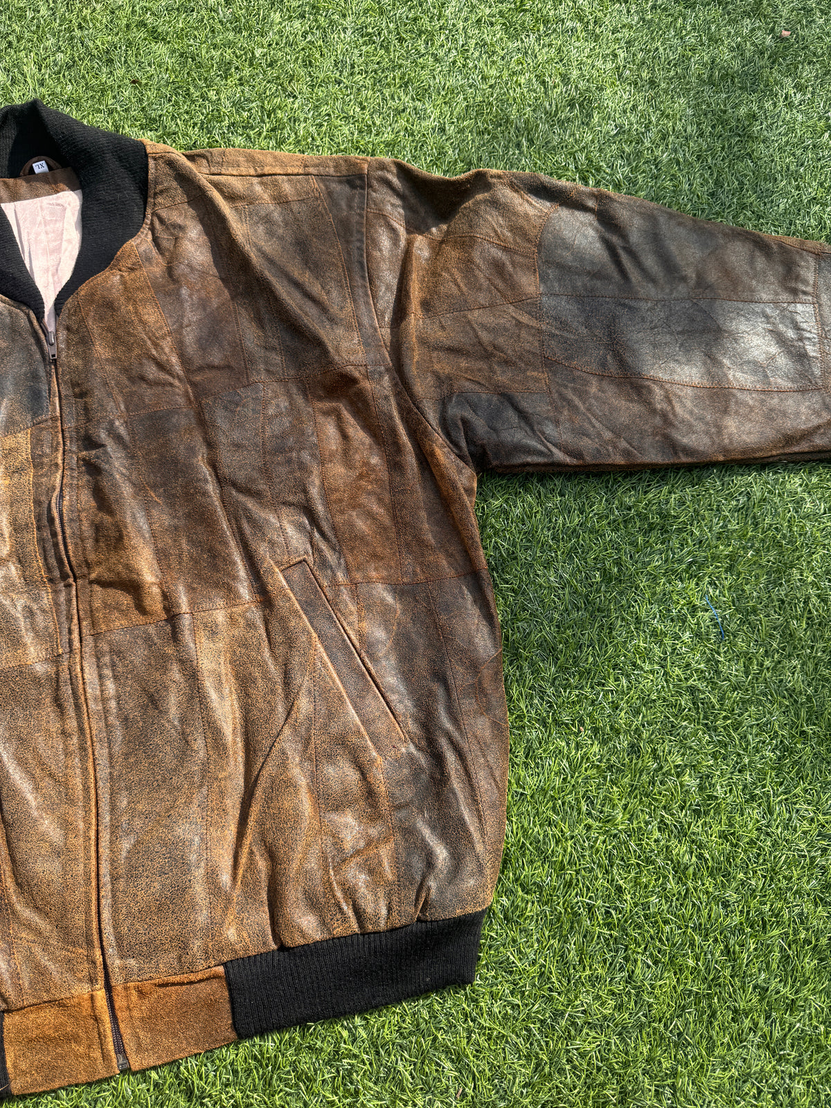 Mens XL Brown Patchwork Leather Bomber Jacket Distressed Vintage Retro