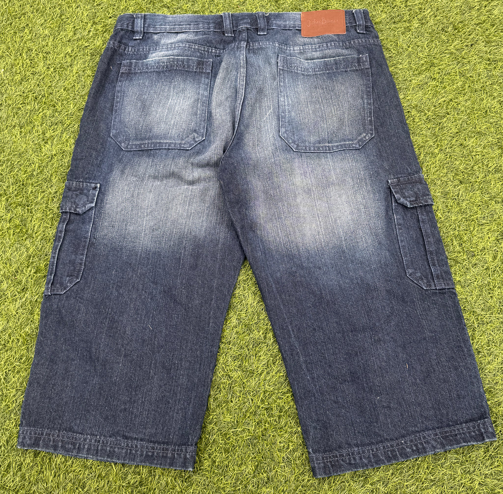 John Baner Mens Denim Cargo Shorts W38 Blue Distressed Long Baggy Utility Y2K