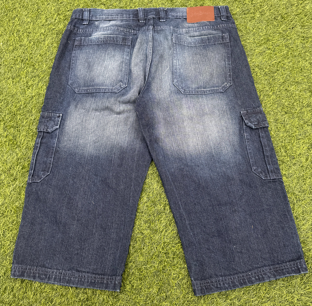John Baner Mens Denim Cargo Shorts W38 Blue Distressed Long Baggy Utility Y2K