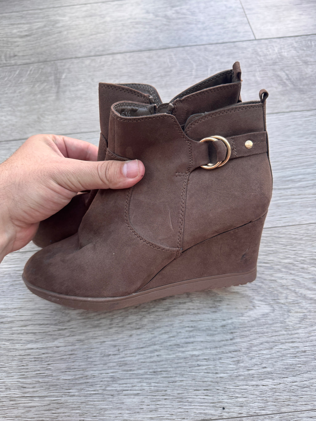 M&S Womens Brown Suede Look Wedge Ankle Boots Wide Fit UK 5.5 Insolia