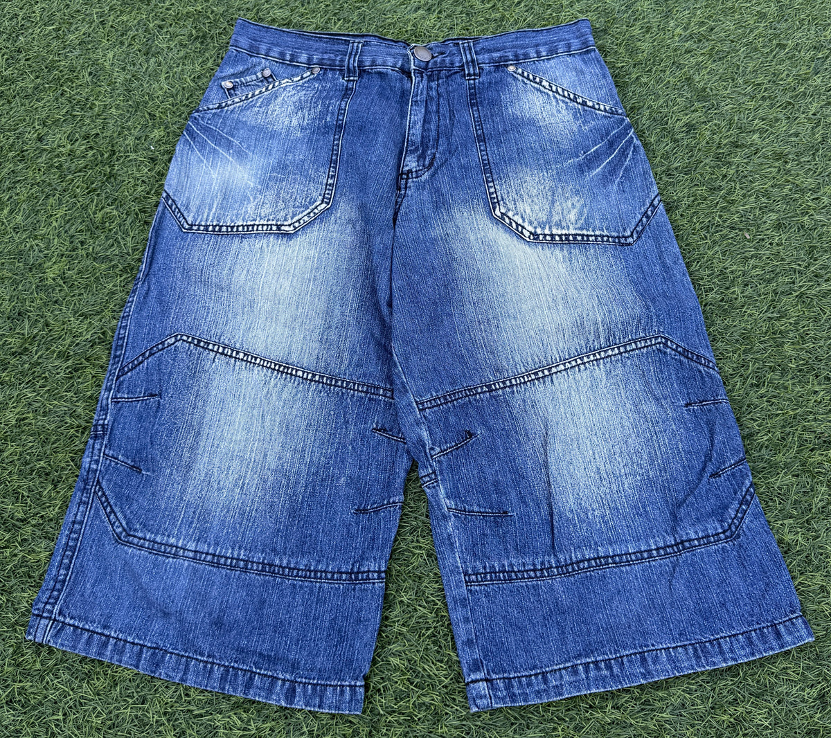 Dog Nose Mens Denim Cargo Shorts W30 Blue Baggy Y2K Skater Long Jorts