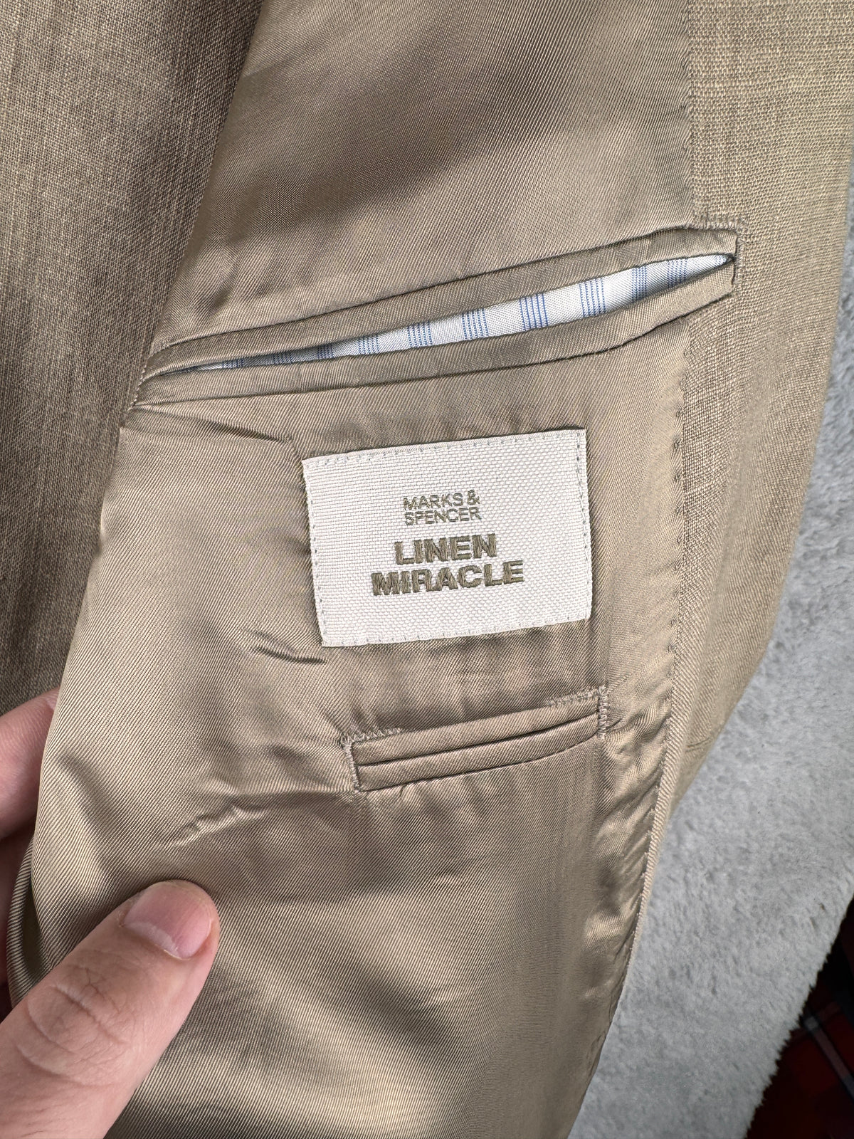 M&S Linen Miracle Mens Suit 44L W38 L31 Stone Nova Fides Italian Linen 2 Piece