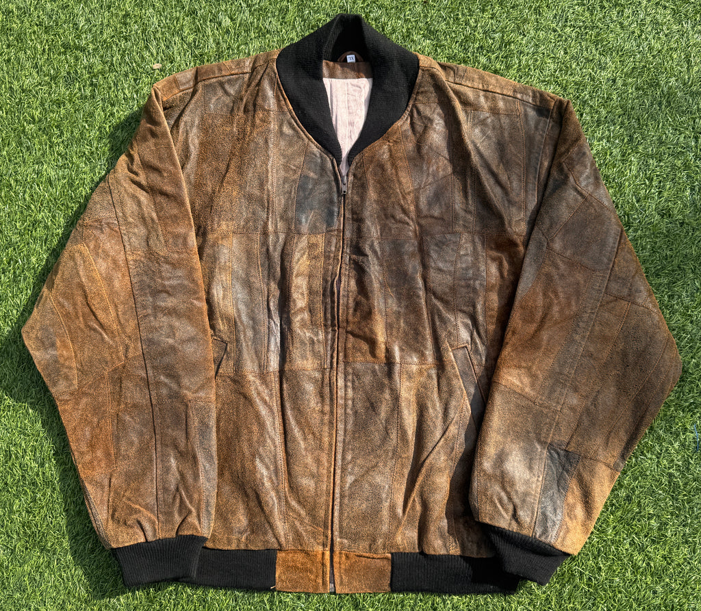 Mens XL Brown Patchwork Leather Bomber Jacket Distressed Vintage Retro