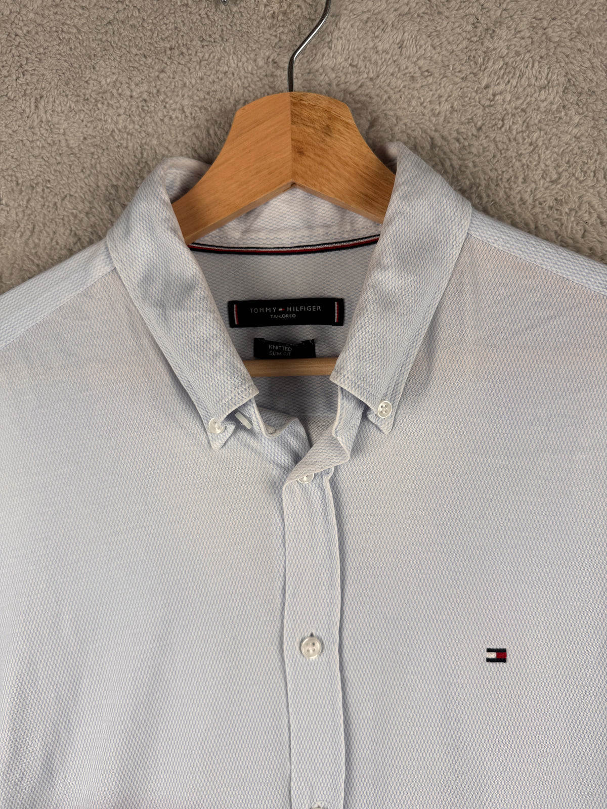 Tommy Hilfiger Tailored Mens Size 16.5 Shirt Blue Knitted Slim Fit Long Sleeve