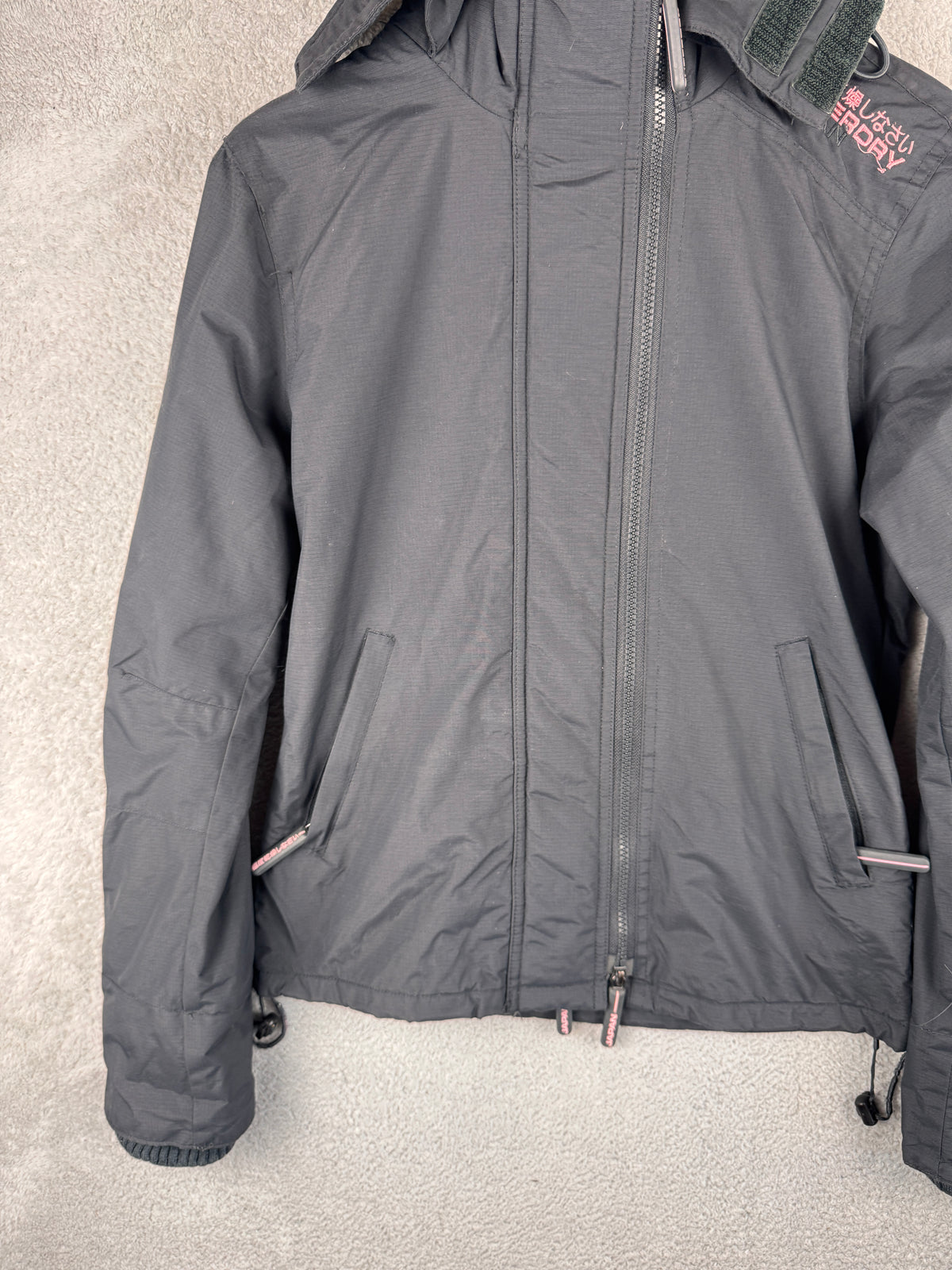 Superdry Womens Small Windcheater Jacket Black Pink Fleece Lined Hooded Coat