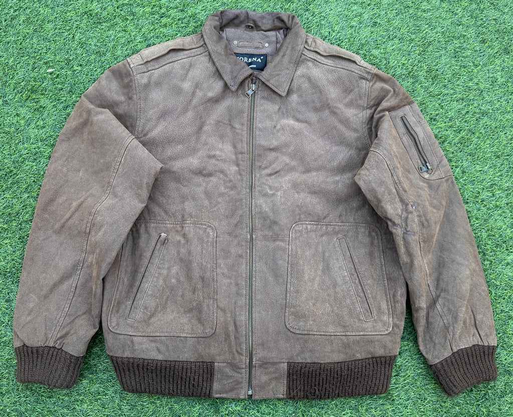 Morena Mens Brown Leather Bomber Jacket 42R XL Distressed Aviator Biker