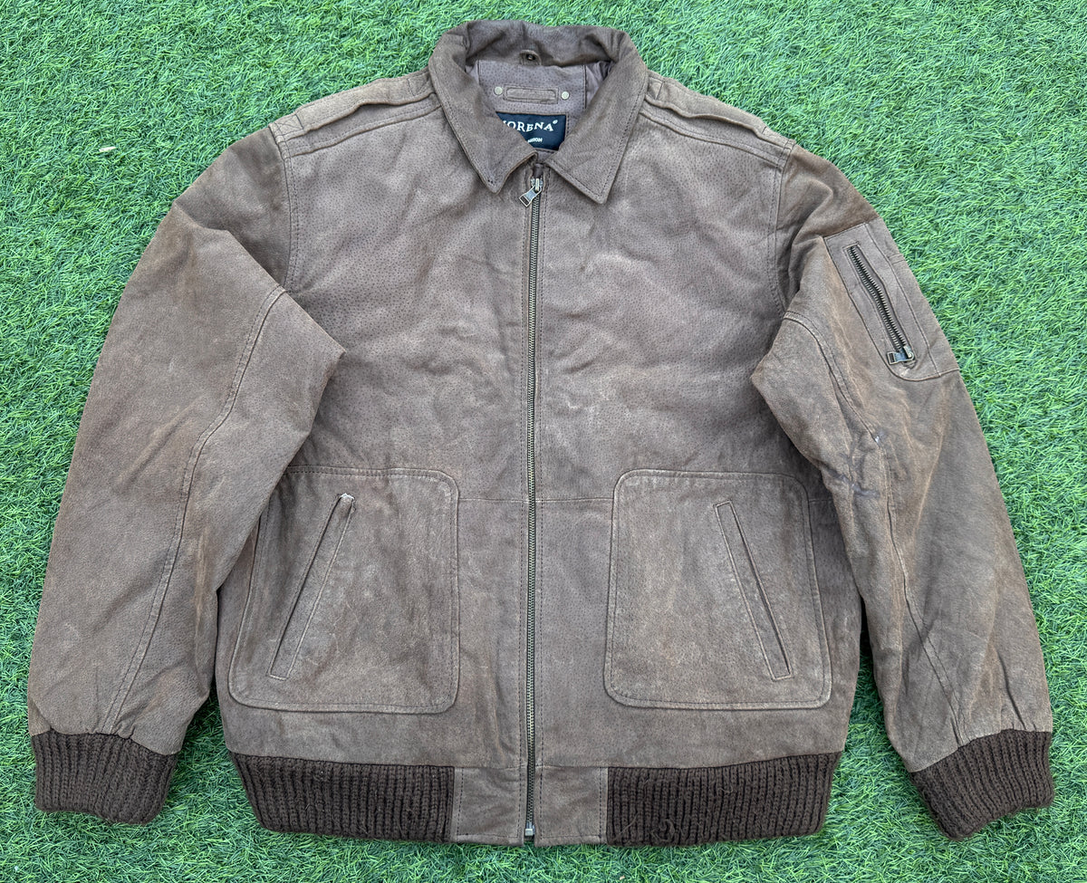 Morena Mens Brown Leather Bomber Jacket 42R XL Distressed Aviator Biker
