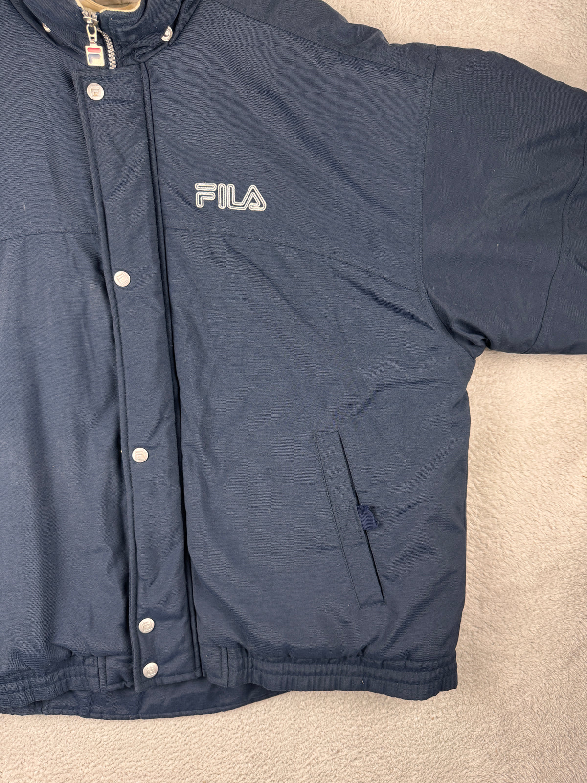 Vintage FILA Mens Padded Jacket Large Navy Blue 90s Retro Winter Coat