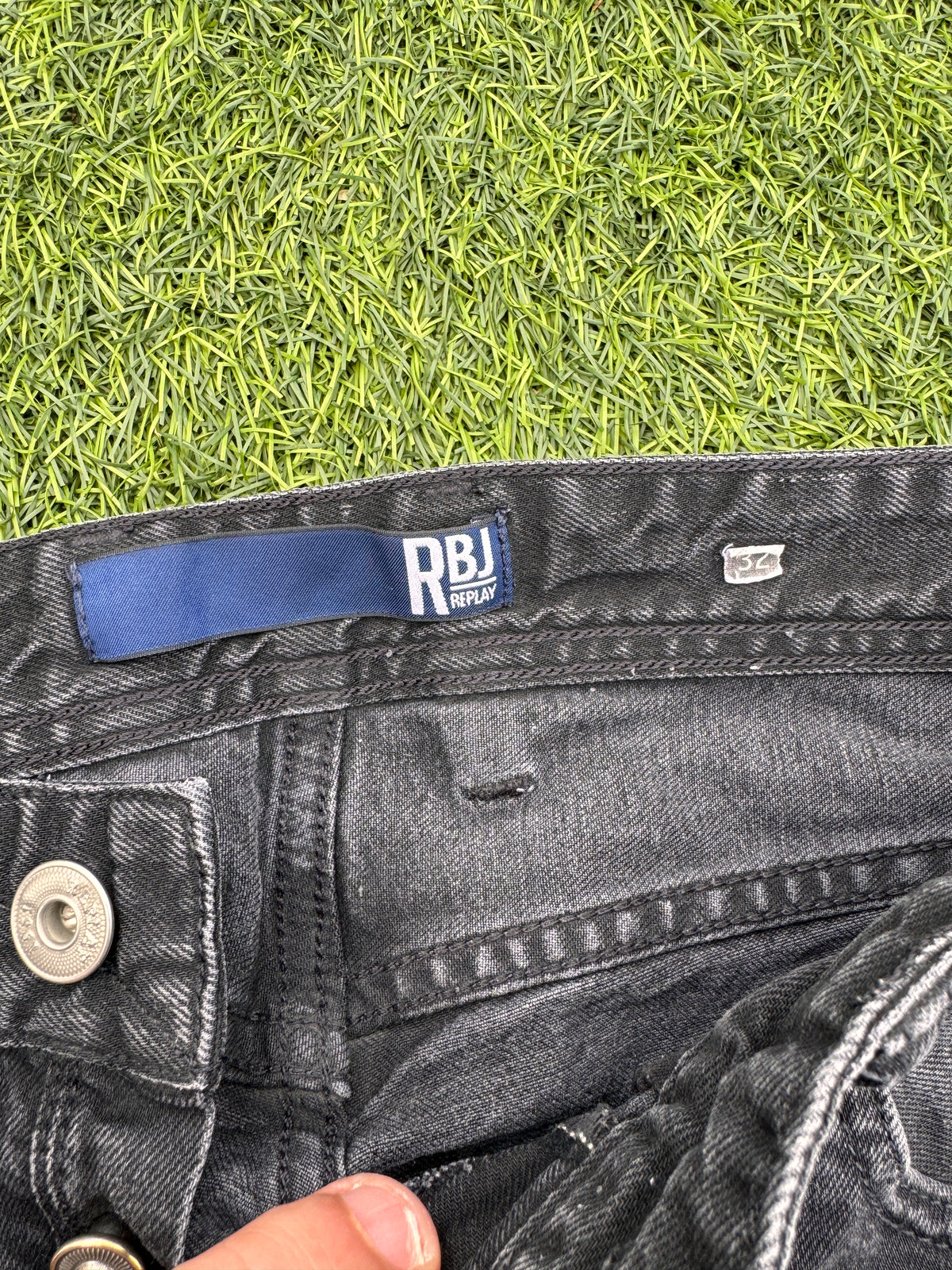 Replay RBJ Mens Jeans W32 L32 Black Faded Wash Straight Leg Denim Button Fly