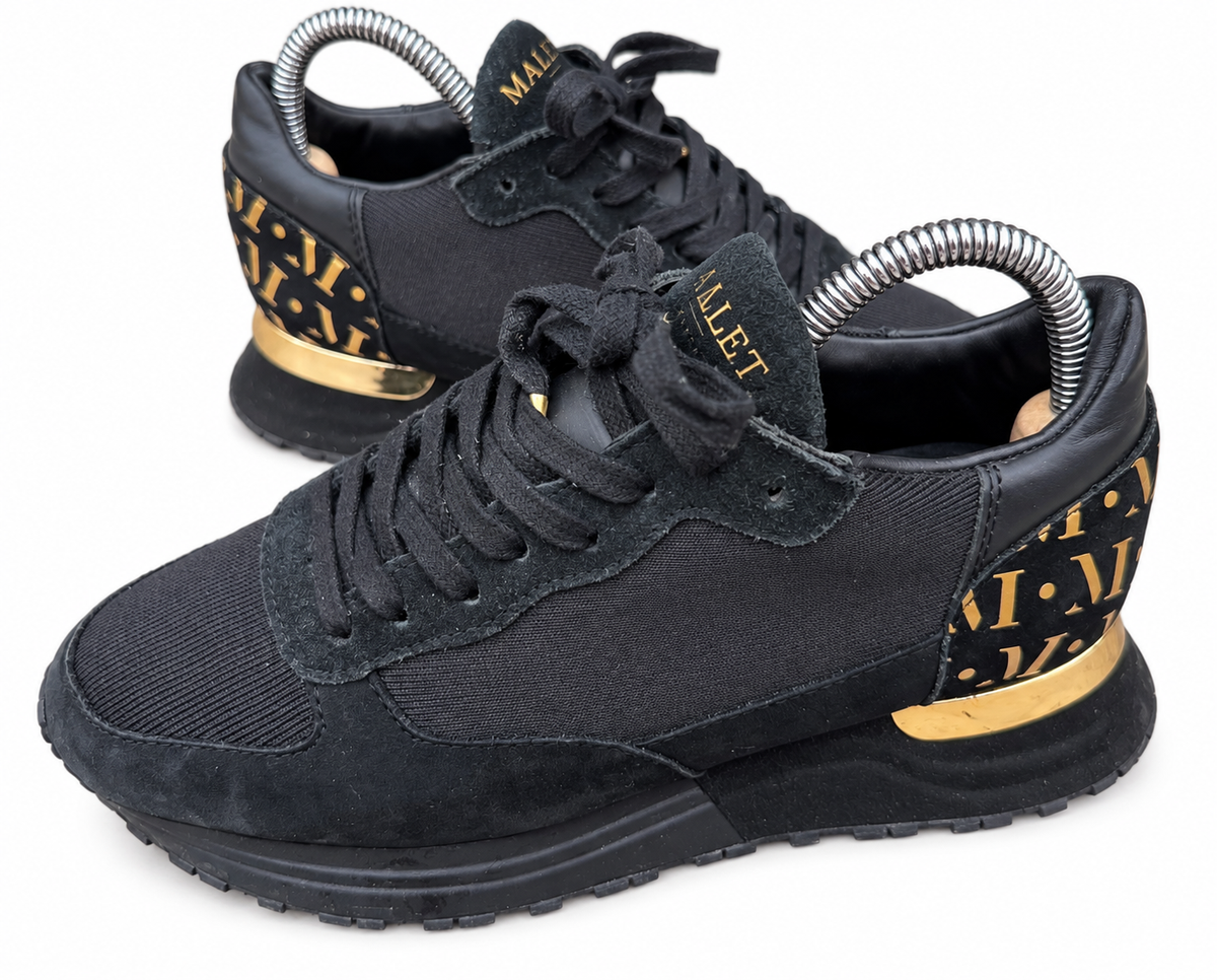 Mallet London Womens Trainers UK 3 EU 36 Black Gold Suede Designer