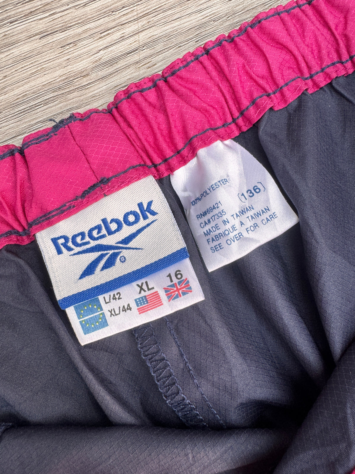Vintage Reebok Womens Shell Track Pants UK 16 Navy Pink 90s Retro