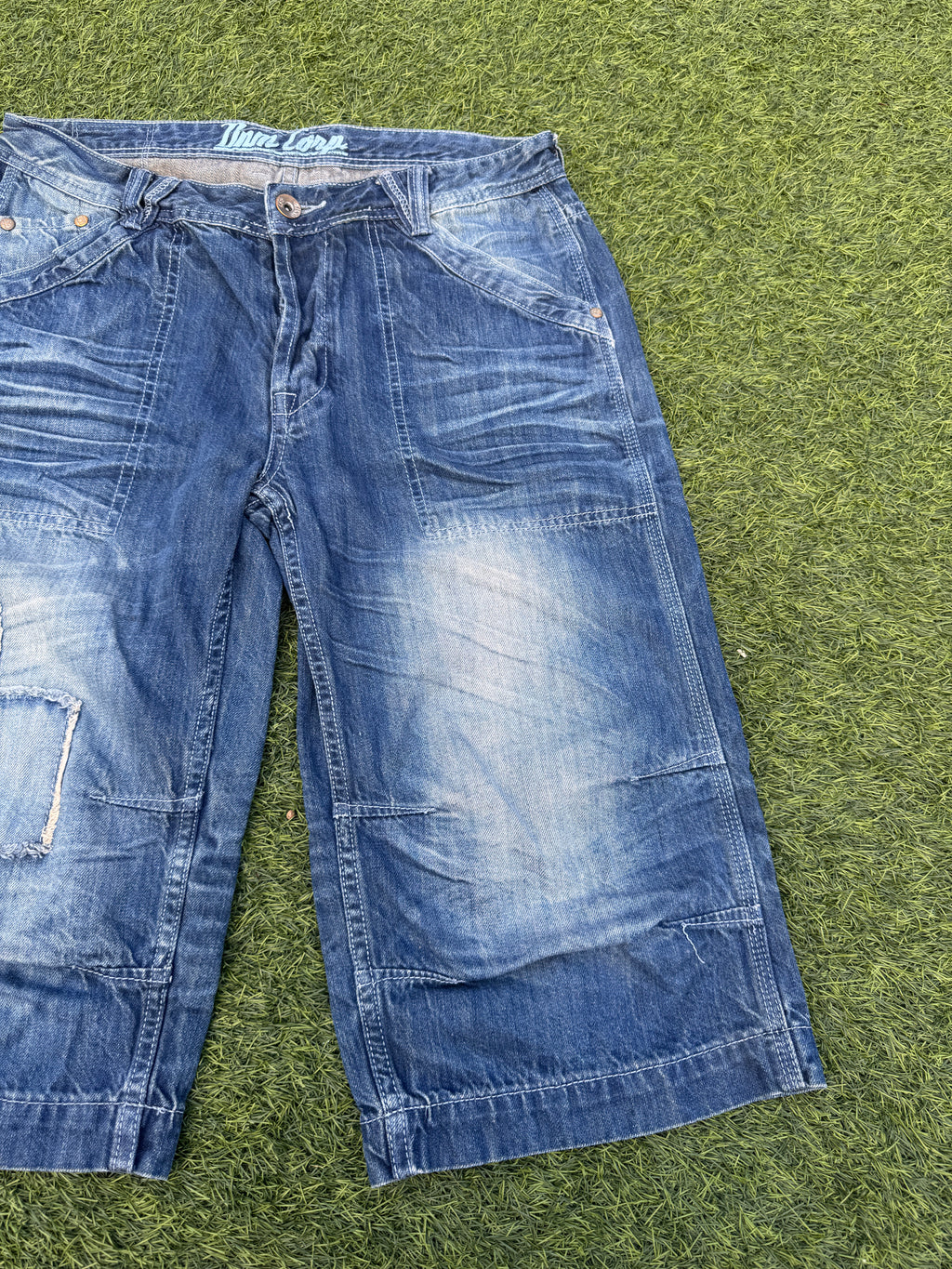 Mens W34 Baggy Denim Jorts Y2K Skater Patchwork Long Shorts Blue