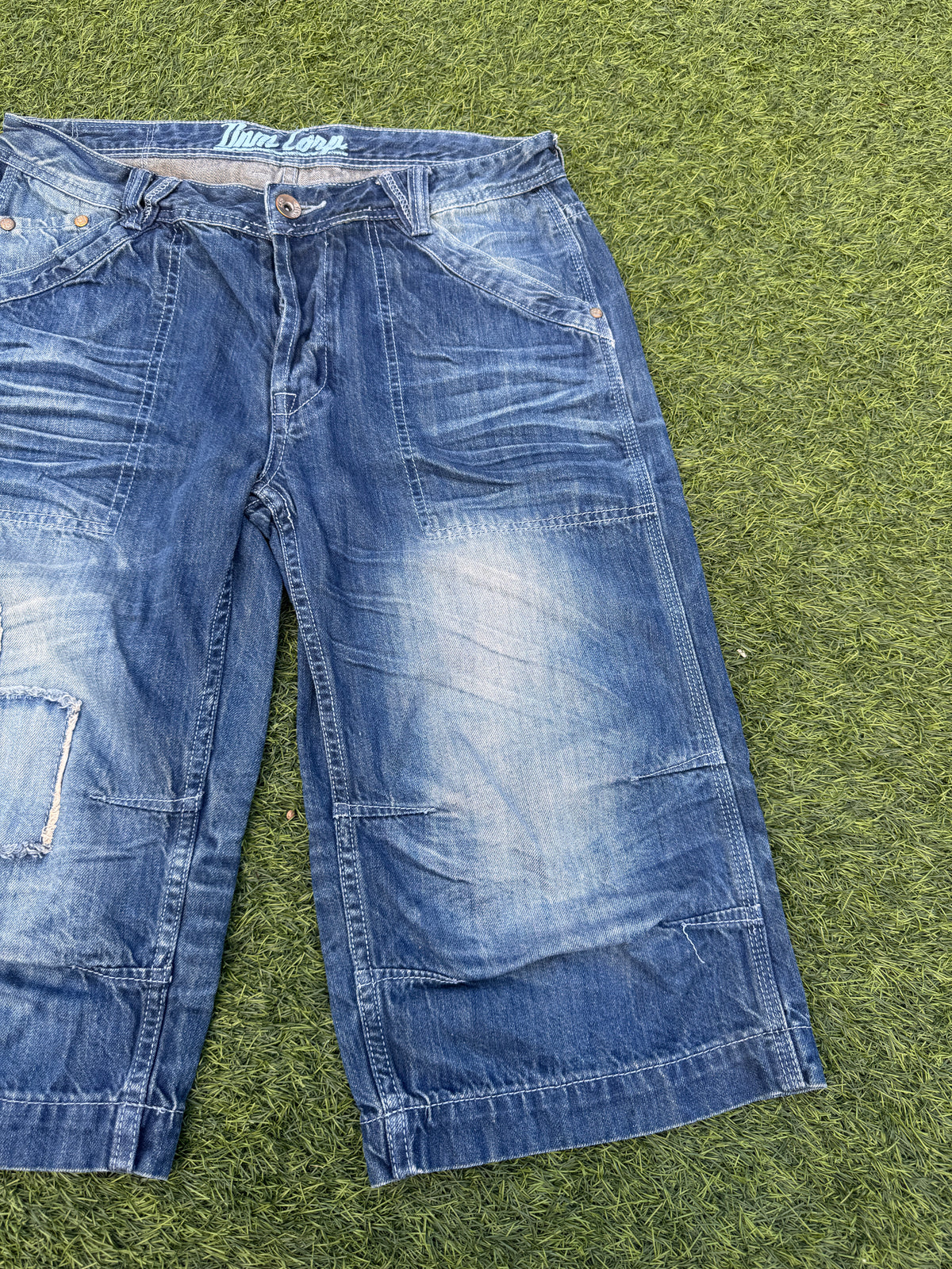 Mens W34 Baggy Denim Jorts Y2K Skater Patchwork Long Shorts Blue