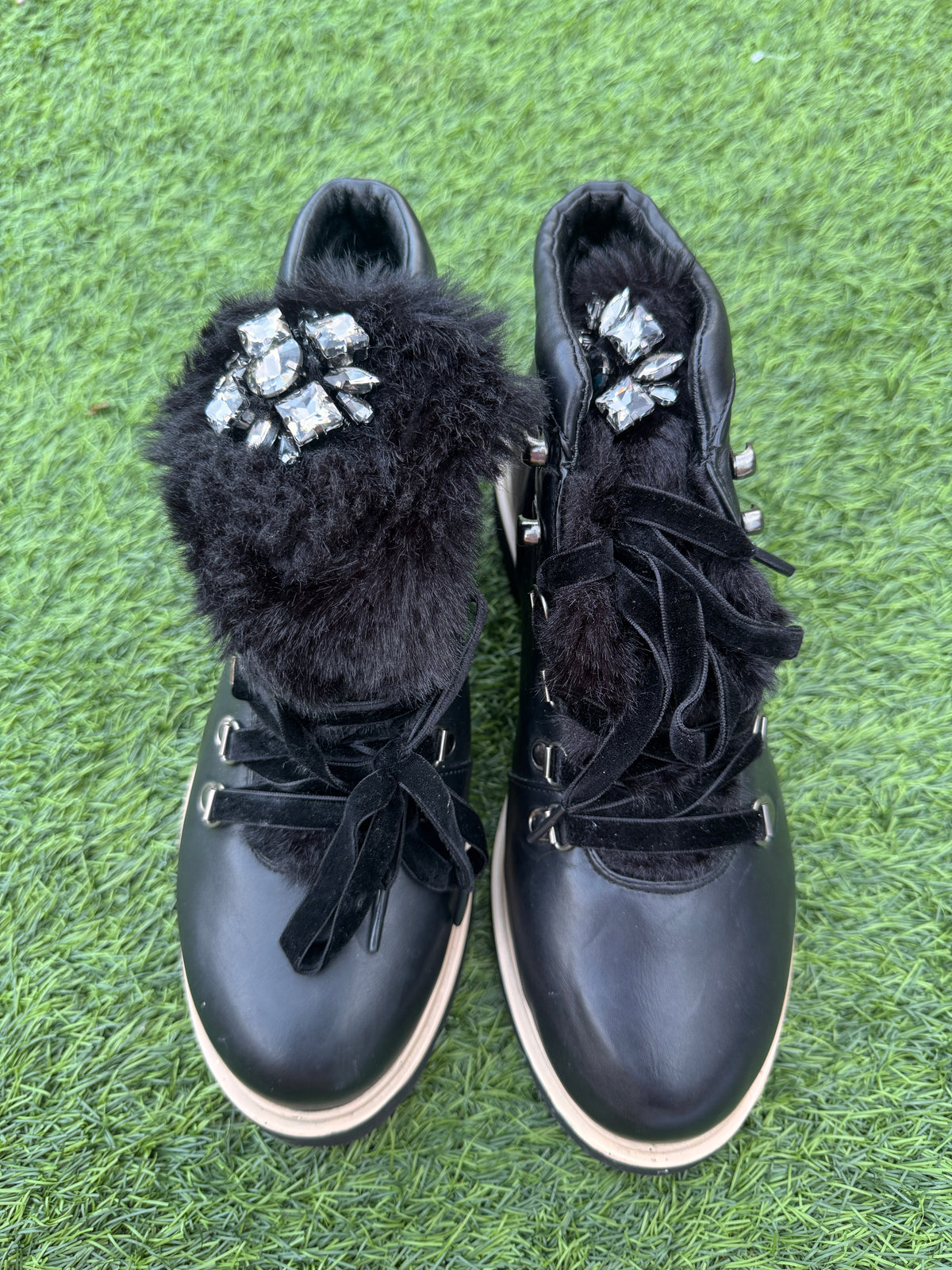 Miss Sixty Womens Black Fur Crystal Embellished Ankle Hiker Boots UK 8