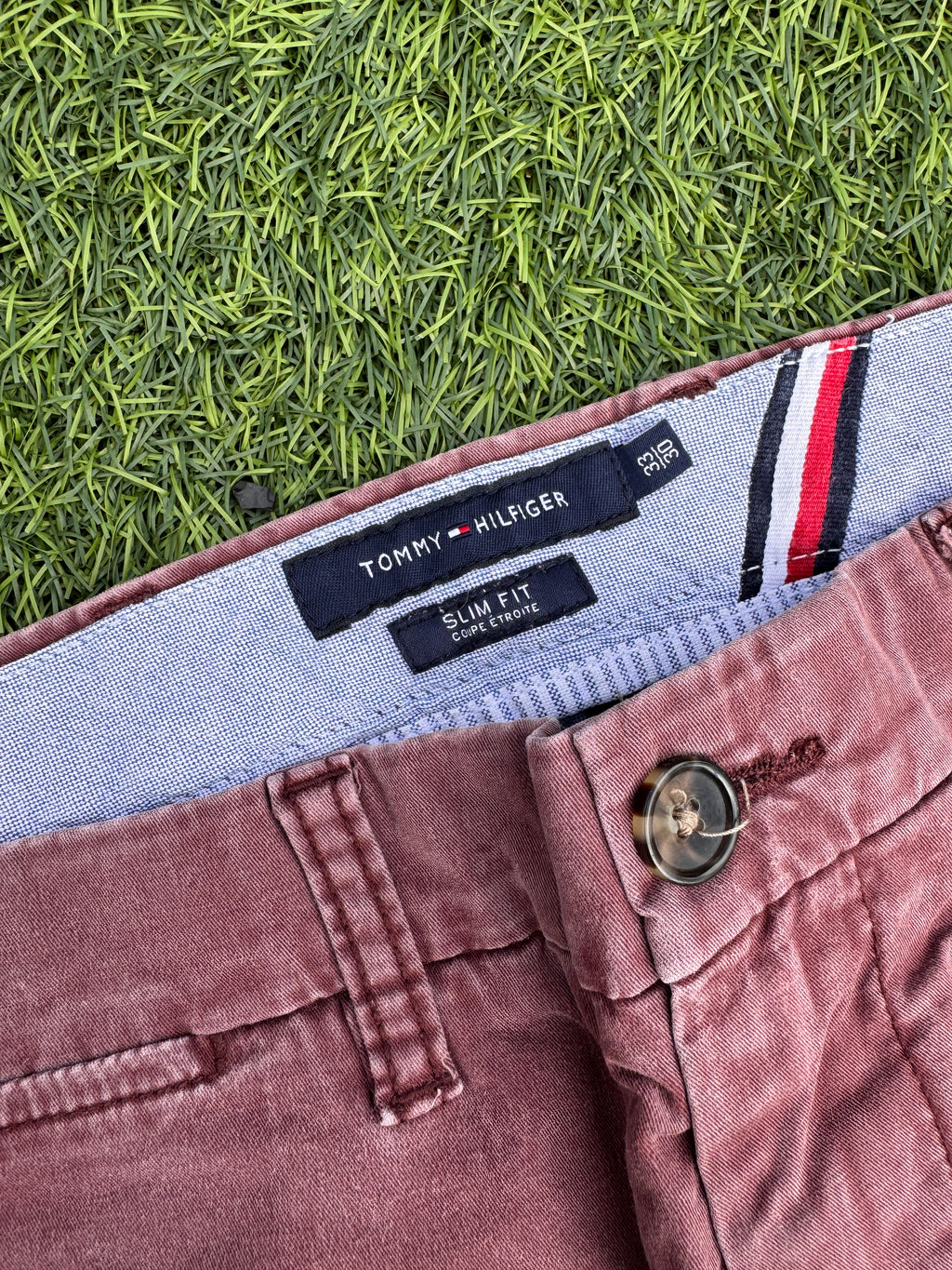 Tommy Hilfiger Mens Burgundy Chino Trousers W33 L30 Slim Fit