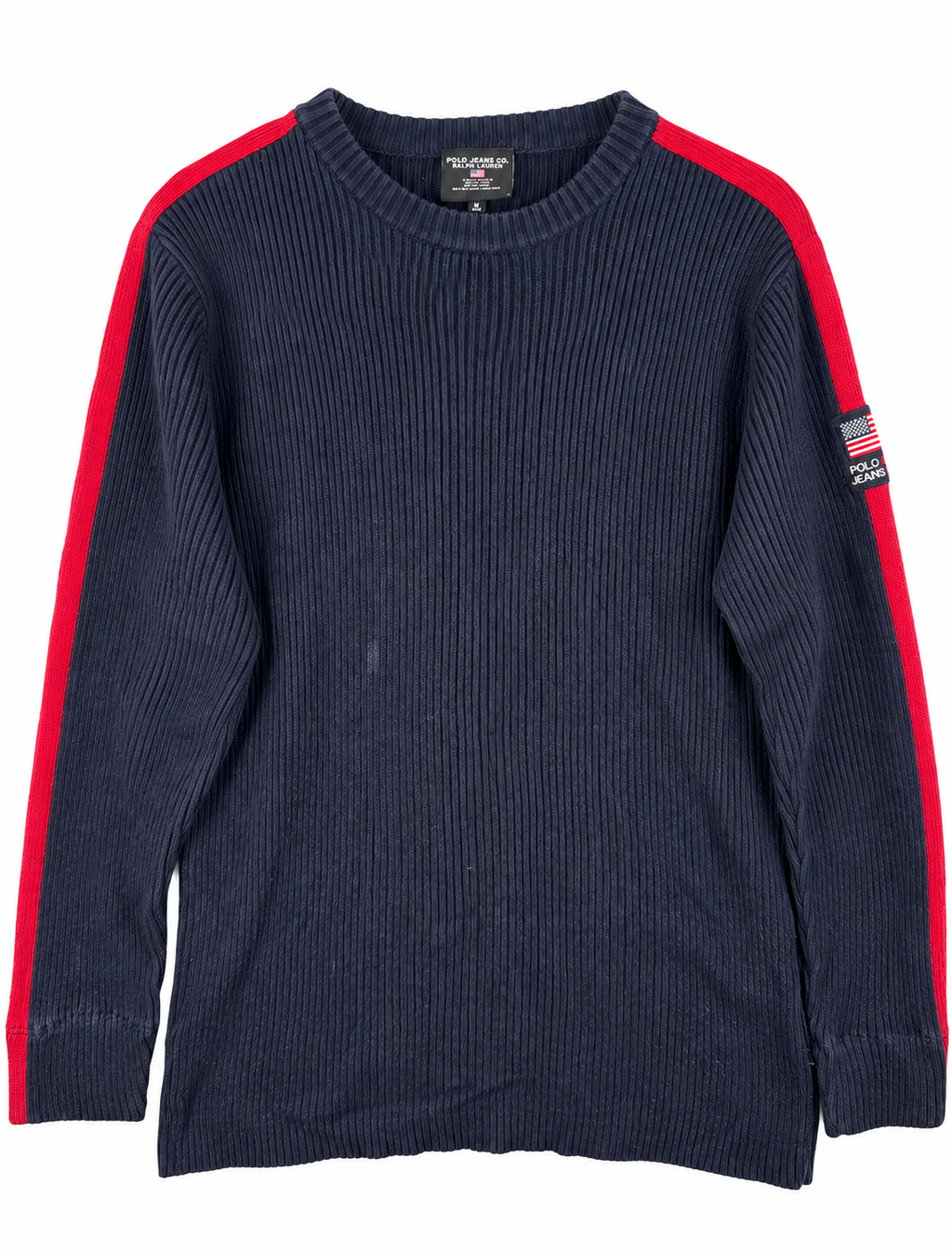 Polo Jeans Co Ralph Lauren Mens Medium Navy Ribbed Cotton Jumper USA Flag Y2K