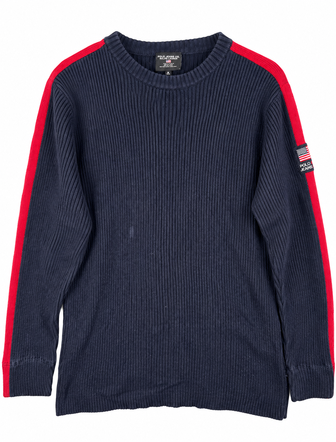 Polo Jeans Co Ralph Lauren Mens Medium Navy Ribbed Cotton Jumper USA Flag Y2K