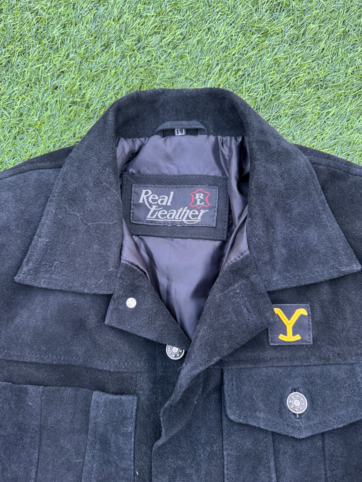 Mens Vintage Black Suede Leather Trucker Jacket Western Ranch Y Patch Size Large