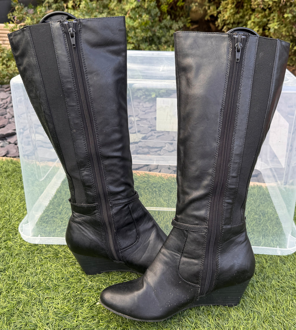 Womens Black Knee High Boots UK 6 Wedge Heel Stretch Calf Full Zip