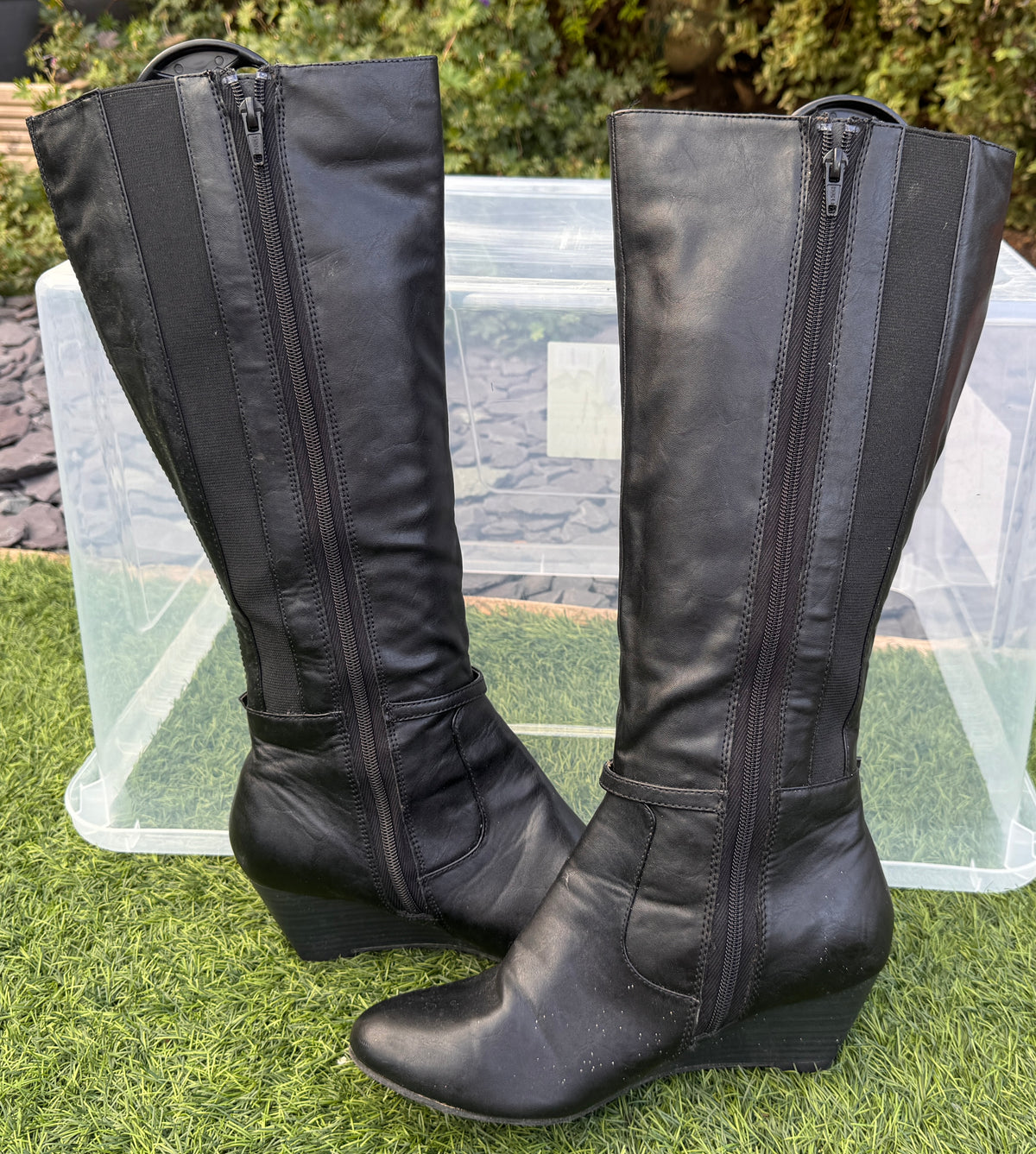 Womens Black Knee High Boots UK 6 Wedge Heel Stretch Calf Full Zip