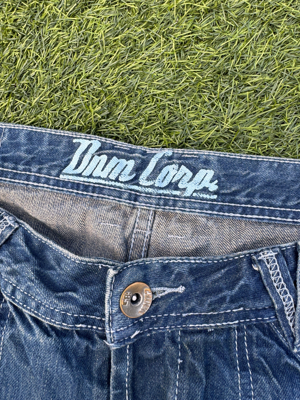 Mens W34 Baggy Denim Jorts Y2K Skater Patchwork Long Shorts Blue