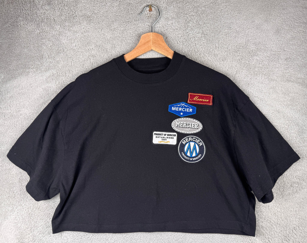Mercier Womens Medium Cropped T Shirt Black Embroidered Patch Logo