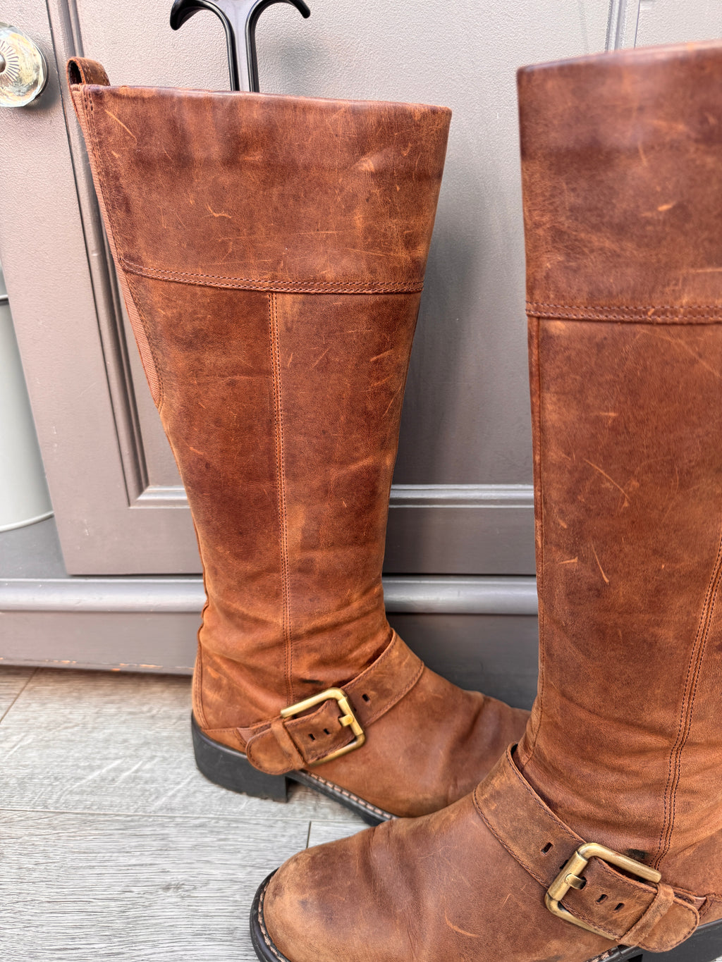 Clarks Womens Brown Leather Knee High Biker Boots Buckle Zip UK 5.5