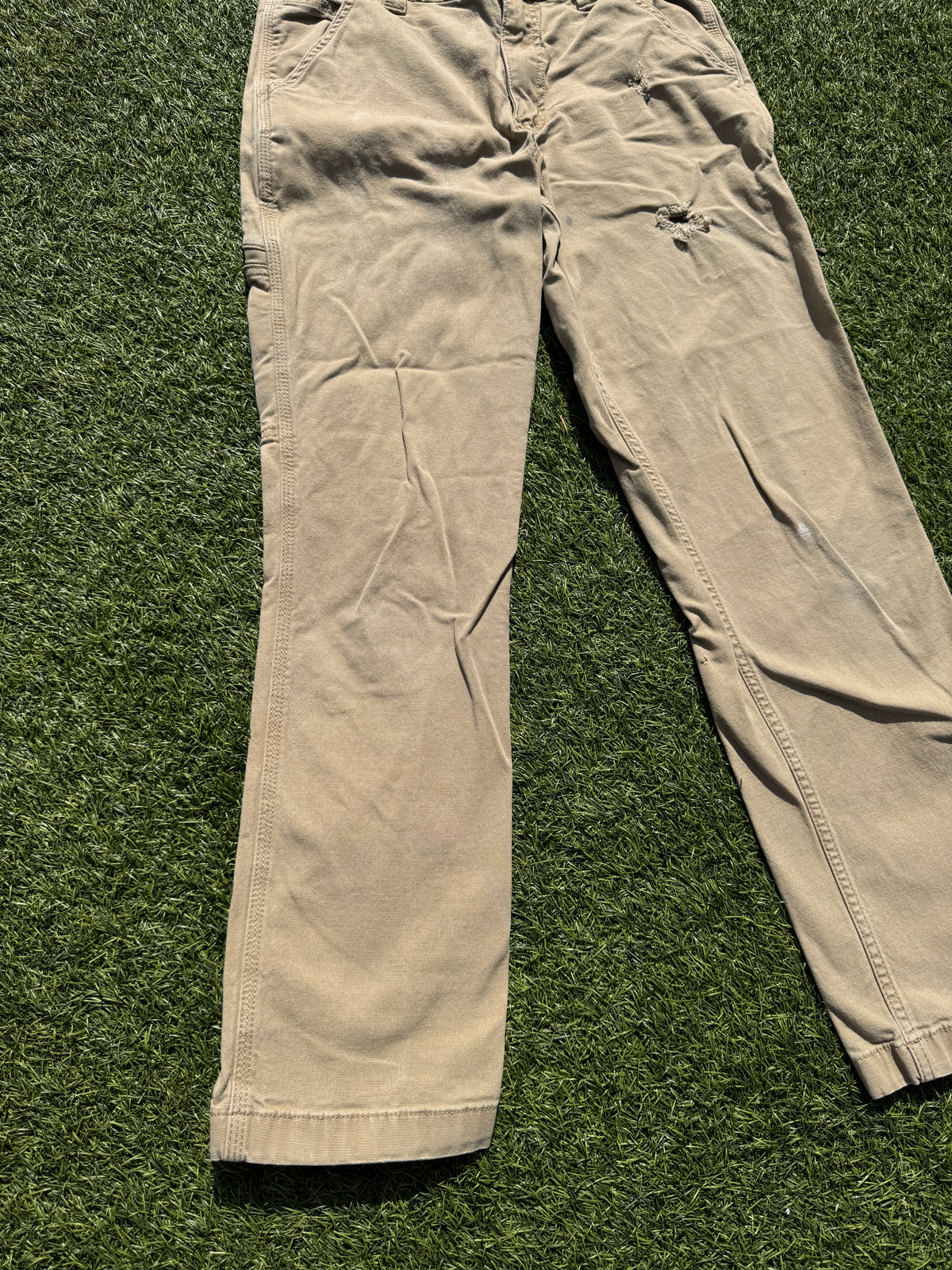 Carhartt Mens Carpenter Work Trousers Beige W31 L30 Relaxed Fit Distressed