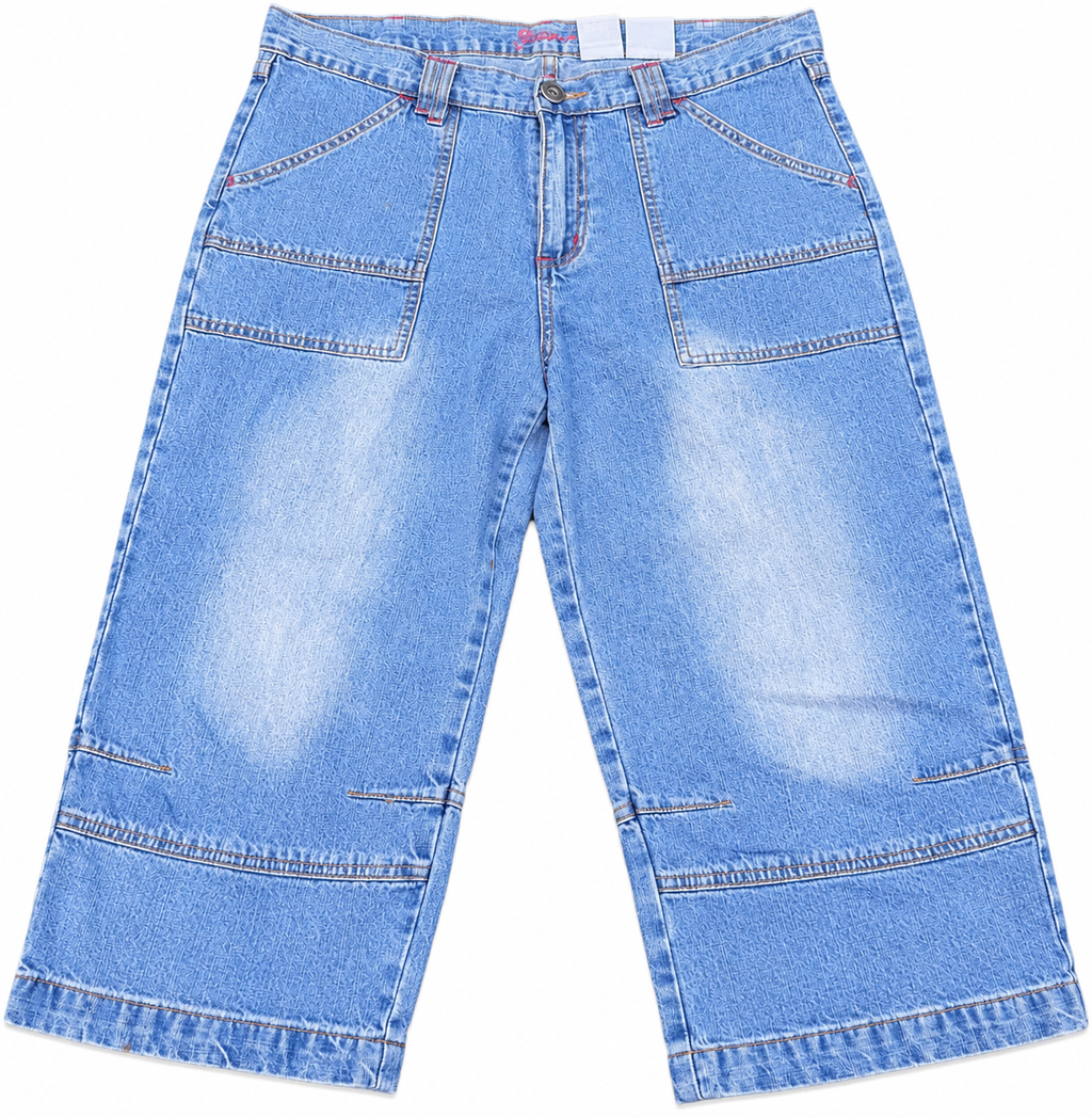 Mens W34 Baggy Denim Jorts Blue Y2K Skater Wide Leg Carpenter Shorts